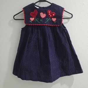 Samara Blue Red Polka Dot Corduroy Bib Dress Heart Appliqué 4T Vintage‎ Toddler